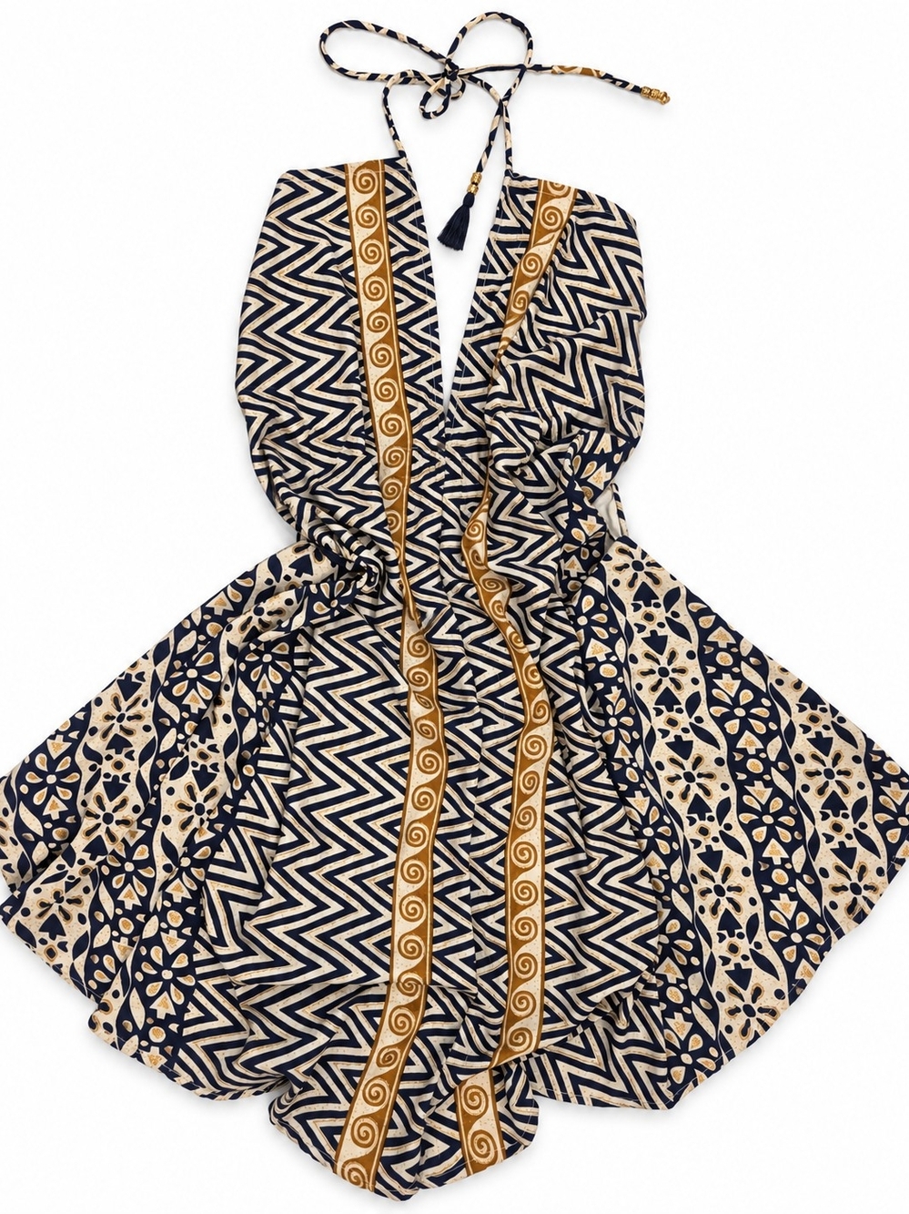 Navy & Cream Patterned Boho Halter Dress with Gold Trim